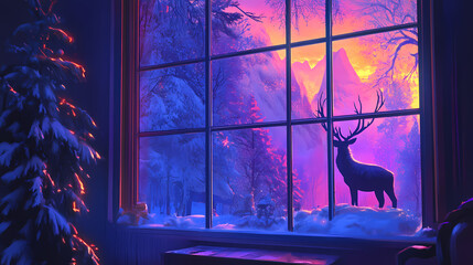 Mystic frostfire lights up a vibrant wildlife scene outside a large window, viewed from an old heritage lecture hall now used for network business seminars,. Frostfire. Illustration