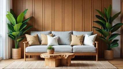 Light gray sofa with throw pillows and organic wooden table enhancing cozy minimalist interior design style