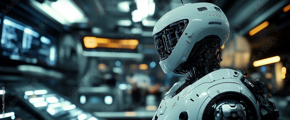 Poster a futuristic robot stands in a high-tech environment, showcasing advanced technology.