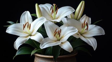 Four white lilies in a brown vase on black background.