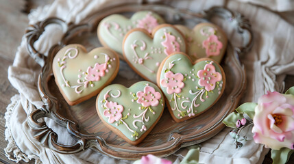 Heart Shaped Cookies with Floral Decoration