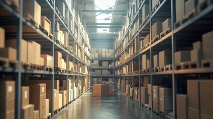 Fototapeta premium A warehouse with shelves full of boxes, symbolizing the stock house in an e-commerce marketing video animation.