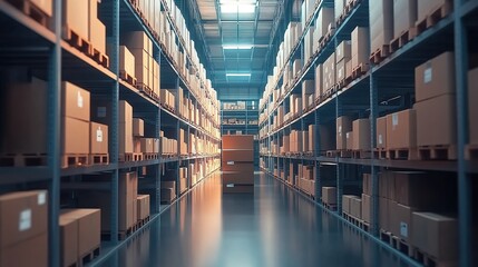 Fototapeta premium A warehouse with shelves full of boxes, symbolizing the stock house in an e-commerce marketing video animation.