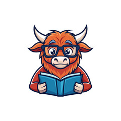 highland-cow-with-glasses-reading-a-book-mascot-logo