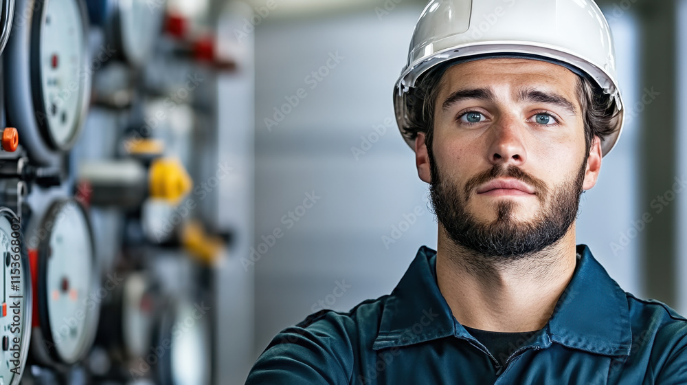 Poster petroleum production and usage, a worker inspects gauges and dials on a control panel, ensuring prop