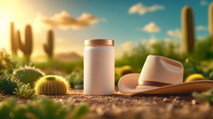 Desert Scene with Milk Packaging and Cactus Details. Generative AI