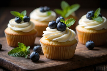 Vanilla cupcakes with cream cheese frosting, fresh blueberries and mint leaves on a rustic table.