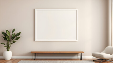 High-resolution stock photo of a modern interior, featuring a blank white frame on a wall. The image uses low-key lighting and high contrast to accent