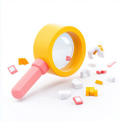 3D Render of Magnifying Glass Exploring Abstract Shapes. 3D icon on white background