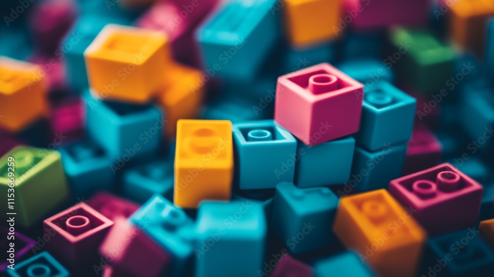 Aufkleber A tranquil block-building scene with creatively arranged colorful bricks, Playful construction style, photo of