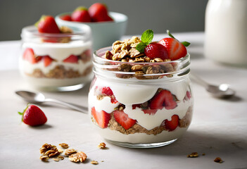 Breakfast of strawberry parfaits made with fresh fruit, yogurt and granola on a rustic white table.