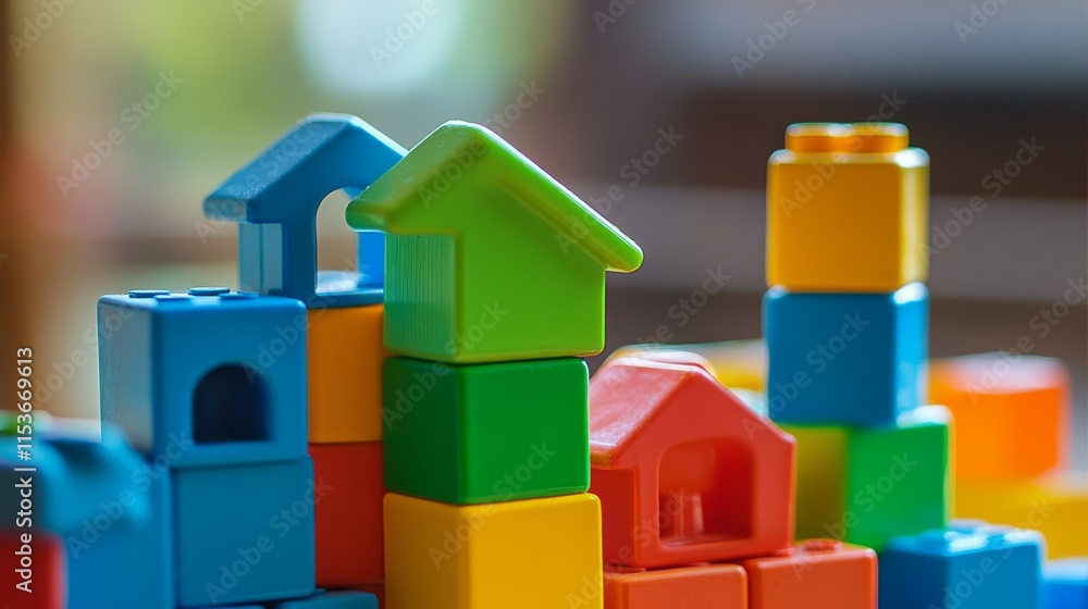 Poster A tranquil block-building scene with creatively arranged colorful bricks, Playful construction style, photo of