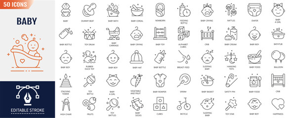 Baby care Line Icons set. Editable Stroke. Child, baby boys, family, human age, diaper, child sleeping, child care and more. Vector Illustration