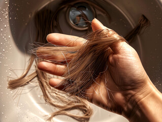 Naklejka premium Hand Holding Hair Strands Over Sink show Loss or Haircut