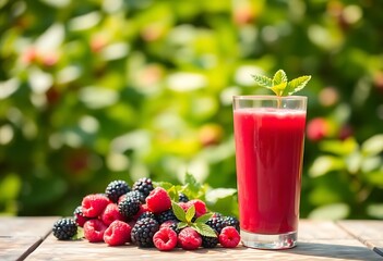 A Glass of Fresh Juice Filled With Wild Berries, Set on a Rustic Table Surrounded by Vibrant Plants in a Botanical Garden