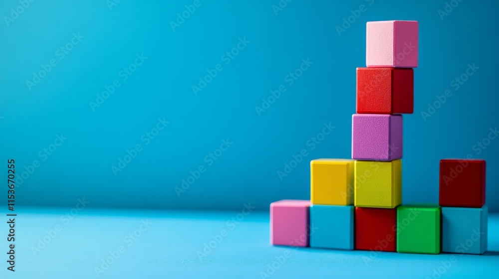Poster a tranquil block-building scene with creatively arranged colorful bricks, playful construction style