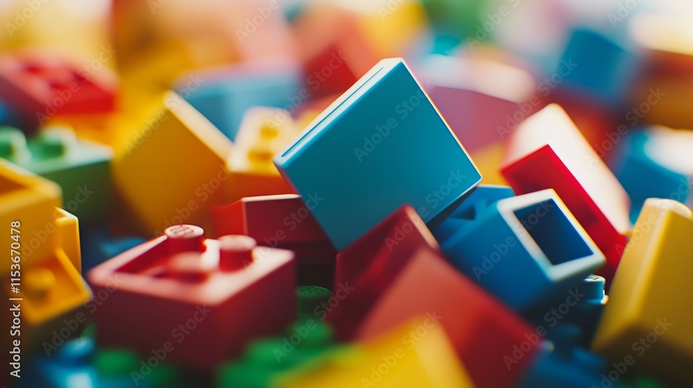 Poster a tranquil block-building scene with creatively arranged colorful bricks, playful construction style