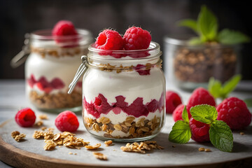 Breakfast of raspberry parfaits made with fresh fruit, yogurt and granola on a rustic white table.