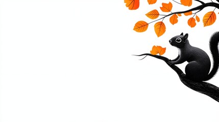 Elegant Black Squirrel on a Tree Branch with Vibrant Orange Leaves Against a White Background, Minimalist and Artistic Illustration Highlighting Nature and Autumn's Beauty