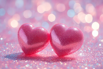 Obraz premium Two Hearts On Pink Glitter In Shiny Background - Valentine's Day Concept