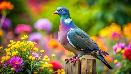 Obraz premium Colorful Garden Pigeon Portrait with Bokeh