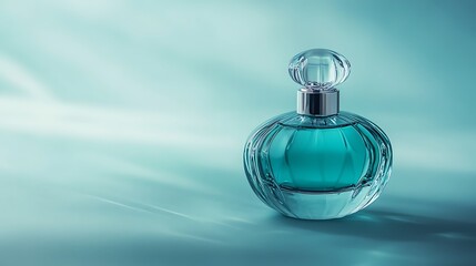 Cyan perfume bottle on blue background, close-up view.