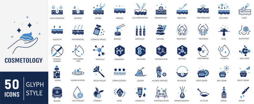 Cosmetology icon set. Containing icons: Skin care, treatment, dermatology, stretch marks, facial rejuvenation, refreshes the skin, wrinkles on the face and more. Vector Illustration