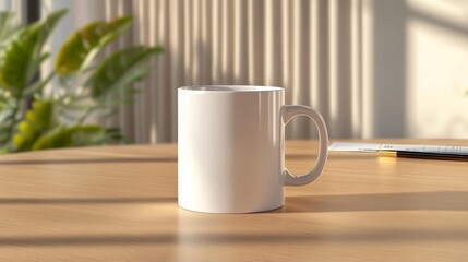 White Mug Mockup on a Wooden Desk with Indoor Natural Light. Generative AI
