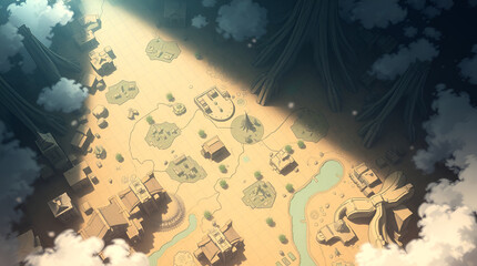 Isekai anime styled game map, bird's-eye view, depicting an ethereal spiritual vibe. Soft pastel colors, high contrast, and low-key lighting create