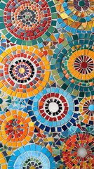 A colorful mosaic tile with intricate patterns on a white background.