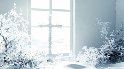 Amidst the frosty window cross and wintry landscape, a white backdrop sets the stage for a sharp financial outlook. Frostfire. Illustration