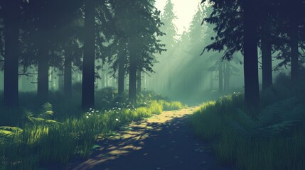 Obraz premium A serene forest path illuminated by soft rays of light, surrounded by lush greenery and tall trees, creating a tranquil atmosphere.