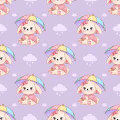 Seamless Pattern Cute Rabbit, Cartoon Bunny Cute, Seamless Textile Art for Texture and Background