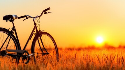 Silhouette of bicycle in sunset field.