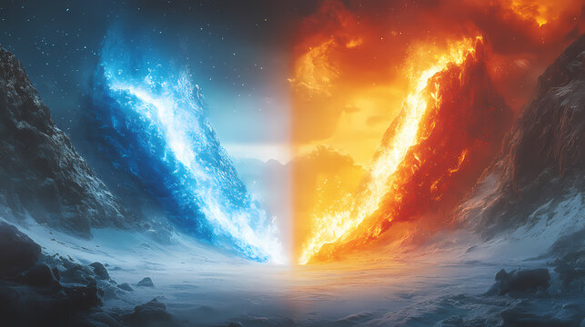 Frost vs. blaze: a symmetry of extremes. concept adventure photography, wild landscapes, fire and ice, elemental battles, artistic exploration. Frostfire. Illustration