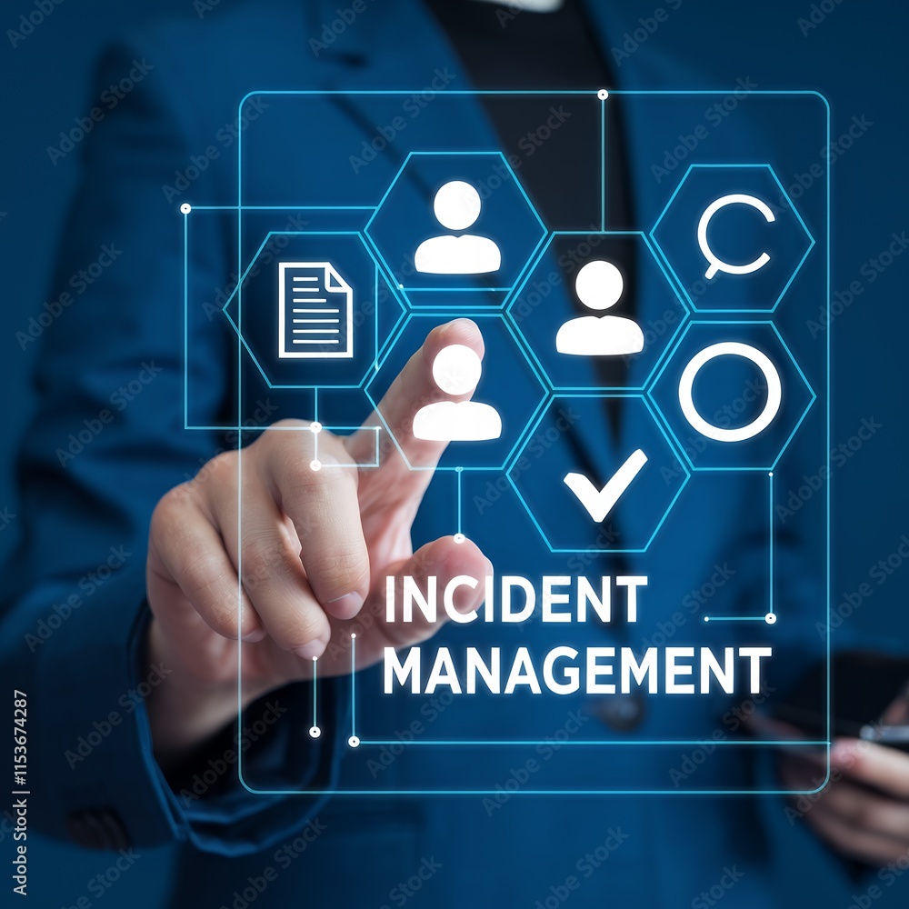 Poster incident management, risk mitigation process concept: icons illustrating strategy, analysis, resolut