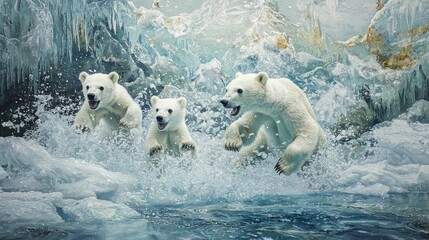 Polar Bear Family Playing in Icy Waters