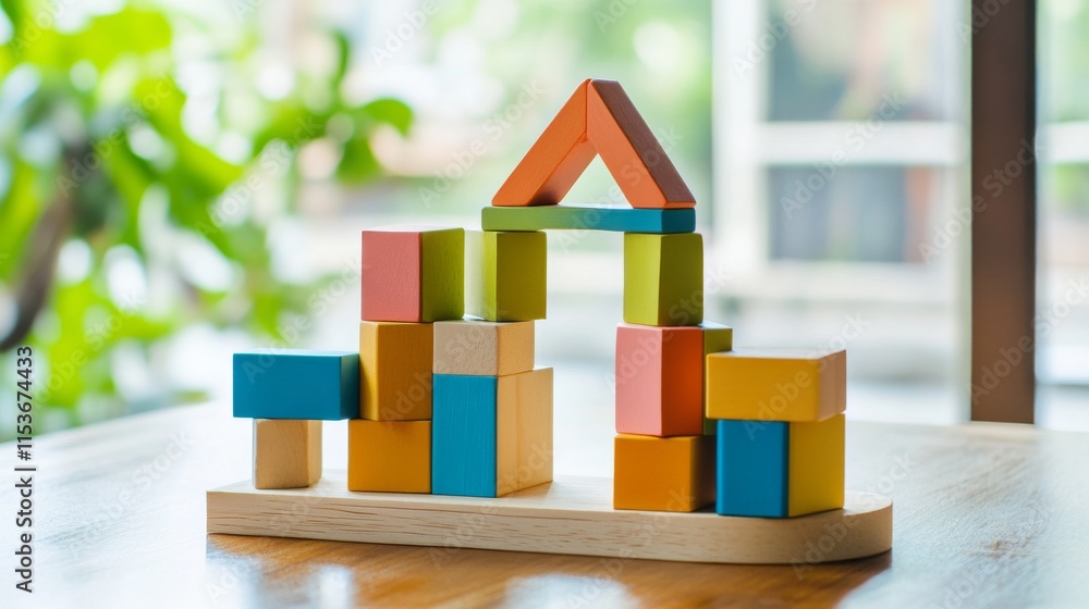Poster A tranquil block-building setup with colorful bricks arranged creatively, Playful construction style, photo of