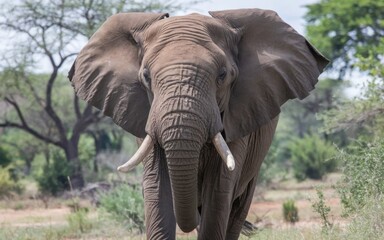  A close-up photo of an African bush elephant’s face, with large tusks, a long trunk, and deep-set eyes, set against a dense forest background