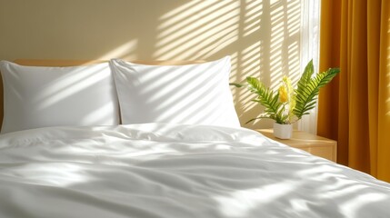 Minimalist Bedroom with Soft White Bedding. Generative AI