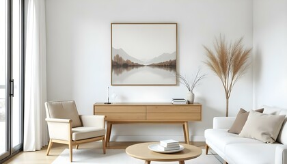 A minimalist living room with a white wall, a wooden console table, a framed landscape artwork, a beige armchair, and a white sofa