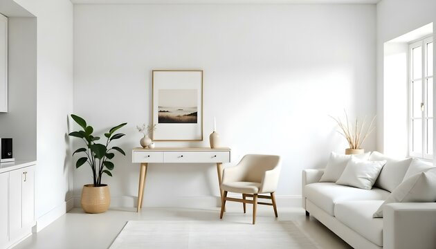 A minimalist living room with a white wall, a wooden console table, a framed landscape artwork, a beige armchair, and a white sofa