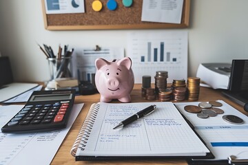 A pink piggy bank sits on a desk amidst financial documents, coins, a calculator, and charts. It represents saving, budgeting, and financial planning for future success and investment growth.
