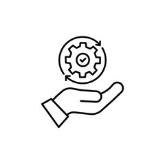 hand holding gear like optimize system icon. linear trend modern simple digital perform logotype graphic stroke design web element isolated on white. concept of workflow symbol or efficient pictogram