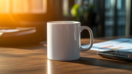 White mug in a modern office setting with charts and spreadsheets. Generative AI