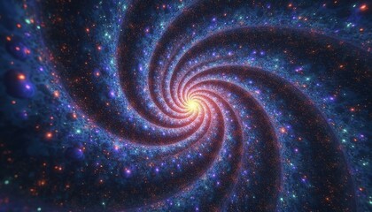 Glowing Spiral Pattern with Blue, Purple, Orange, and Green in Cosmic Background