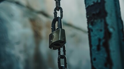 Close-up of a rusty padlock on a metal chain symbolizing security and weapon prohibition, set against a concrete wall background.