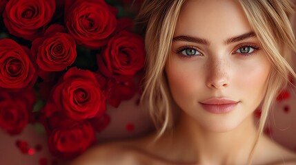 Stunning Blonde Woman with Red Roses