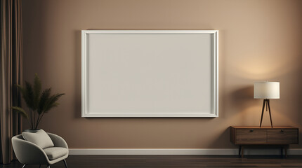 Professional quality, high-resolution stock photo A blank white frame on a wall in a modern interior. The scene features muted browns, beiges