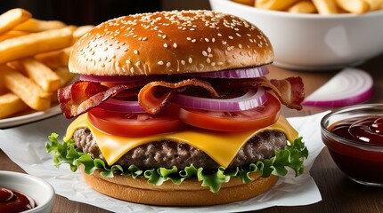 Decadent Double Cheeseburgers | Sauce Drizzle, Bacon Bliss , Double Trouble, Cheesy Goodness, Burger Extravaganza